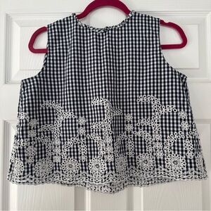 Zara Basic Navy and White Gingham Sleeveless Top with Lace Detail Size Medium